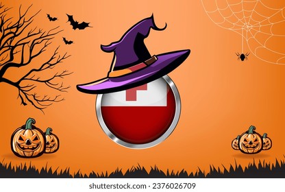 tonga round flag with Happy Halloween banner or party invitation background. bats, spiders and pumpkins, orange background