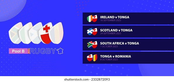 Tonga rugby national team schedule matches in group stage of international rugby competition. Vector set.