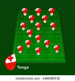 Tonga rugby team player position on rugby field. Vector illustration.