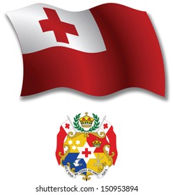 tonga shadowed textured wavy flag and coat of arms against white background, vector art illustration, image contains transparency transparency