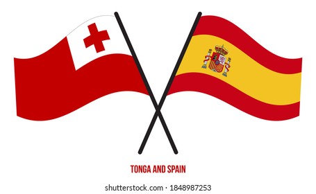 Banderas Tonga y España Cruzadas y ondeando estilo plano. Proporción oficial. Colores correctos.