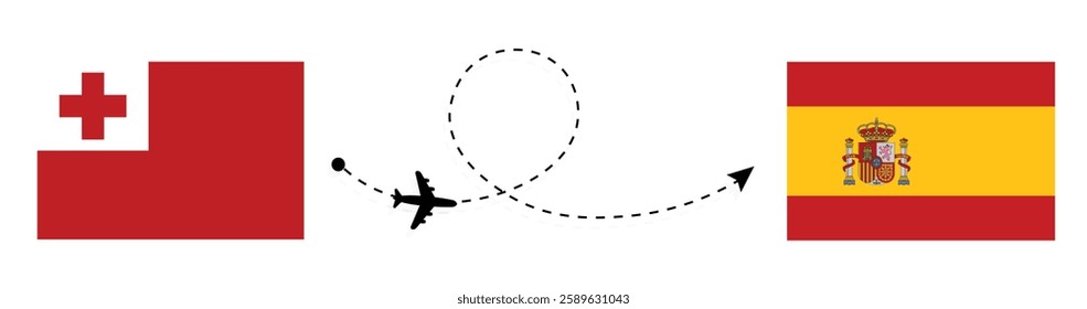 Tonga to Spain Flight Travel by Air – Nuku'alofa to Madrid Flight Travel Concept Vector Art – Tonga and Spain Flags Together
