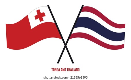 Tonga and Thailand Flags Crossed And Waving Flat Style. Official Proportion. Correct Colors.