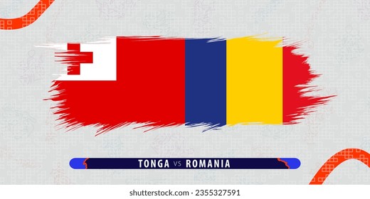 Tonga vs Romania, international rugby match illustration in brushstroke style. Abstract grungy icon for rugby match. Vector illustration on abstract background.