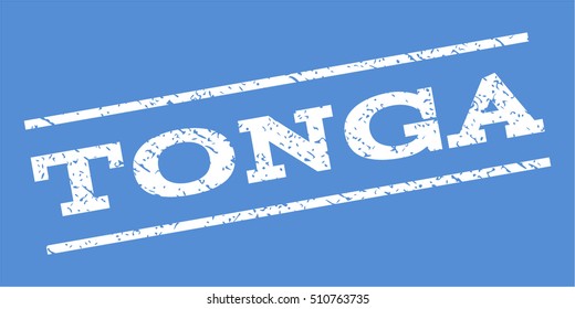 Tonga watermark stamp. Text tag between parallel lines with grunge design style. Rubber seal stamp with unclean texture. Vector white color ink imprint on a blue background.