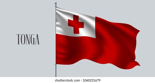 Tonga waving flag on flagpole vector illustration. Red cross element of Tonga wavy realistic flag as a symbol of country 