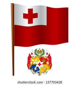 tonga wavy flag and coat of arm against white background, vector art illustration, image contains transparency