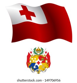 tonga wavy flag and coat of arm against white background, vector art illustration, image contains transparency