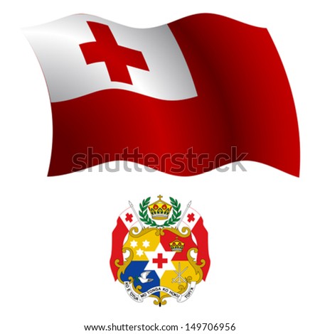 tonga wavy flag and coat of arm against white background, vector art illustration, image contains transparency