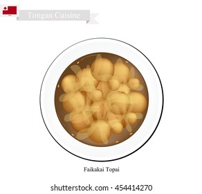 Tongan Cuisine, Faikakai Topai or Traditional Dessert Dumplings in Coconut Syrup. One of Most Popular Desserts in Tonga.