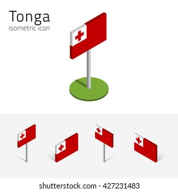 Tongan flag (Kingdom of Tonga), vector set of isometric flat icons, 3D style, different views. Editable design elements for banner, website, presentation, infographic, poster, map, collage. Eps 10