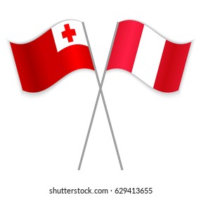 Tongan and Peruvian crossed flags. Tonga combined with Peru isolated on white. Language learning, international business or travel concept.