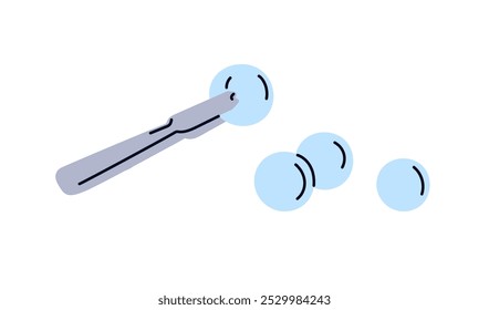 Pinzas que recogen bolas de hielo congeladas, bloques fríos en forma de círculo redondo para la preparación de bebidas frescas. Herramienta de cocina, accesorio de la barra que toma y que sirve. Ilustración vectorial plana aislada sobre fondo blanco