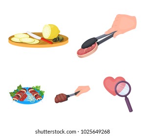 Tongs with steak, fried meat on a scoop, slicing lemon and olives, shish kebab on a plate with vegetables. Food and Cooking set collection icons in cartoon style vector symbol stock illustration web.