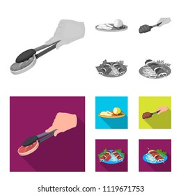 Tongs with steak, fried meat on a scoop, slicing lemon and olives, shish kebab on a plate with vegetables. Food and Cooking set collection icons in monochrome,flat style vector symbol stock