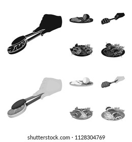 Tongs with steak, fried meat on a scoop, slicing lemon and olives, shish kebab on a plate with vegetables. Food and Cooking set collection icons in black,monochrome style vector symbol stock
