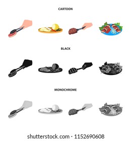 Tongs with steak, fried meat on a scoop, slicing lemon and olives, shish kebab on a plate with vegetables. Food and Cooking set collection icons in cartoon,black,monochrome style vector symbol stock