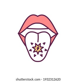 Tongue Cancer RGB Color Icon. Redness, Painful Sores And Ulcers. Jaw Pain. Oropharyngeal, Oral Cancer. Thickening Inside Mouth. Tumor Development. Irritation, Infection. Isolated Vector Illustration