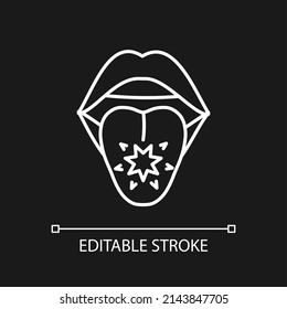Tongue cancer white linear icon for dark theme. Malignant tumors and sores. Abnormal cells growth. Thin line illustration. Isolated symbol for night mode. Editable stroke. Arial font used