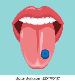 Tongue With Drug Ecstasy Pill. MDMA On Tongue With Lightning Bolt Symbol. Flat Vector Illustration.