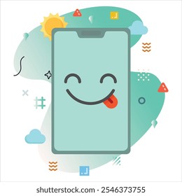 Tongue Emoji on a Smartphone Screen: Modern Illustration Design with a Creative Touch of Colorful Geometric Elements | Tongue Emoji Icon Design on Smartphone Screen