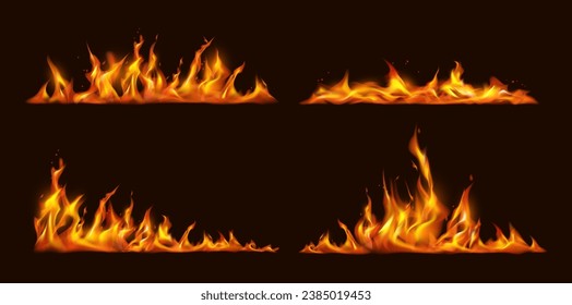 Tongue of flames and fire in line. Vector realistic bursts and blazing, isolated flare and burning sparks. Ignition or combustion effect, bonfire or catastrophe flashes and explosion