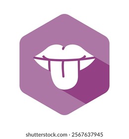 Tongue icon design, mouth tongue out vector illustration, sense of taste, purple hexagon icon, flat design with long shadow