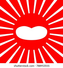 Tongue icon. Vector. White icon on red sun with rays as background. Isolated.