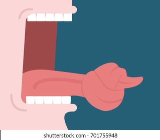 tongue is knot. Open mouth. Silence allegory illustration