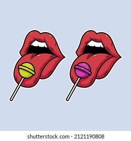 Tongue licking candy Vector Illustration On Separate Background