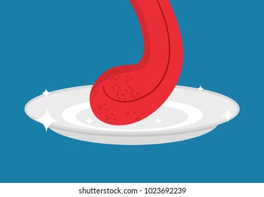 Tongue licking clean plate. Delicious food. Vector illustration
