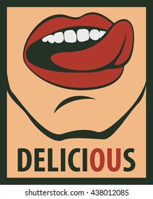 tongue licking his mouth and the words delicious