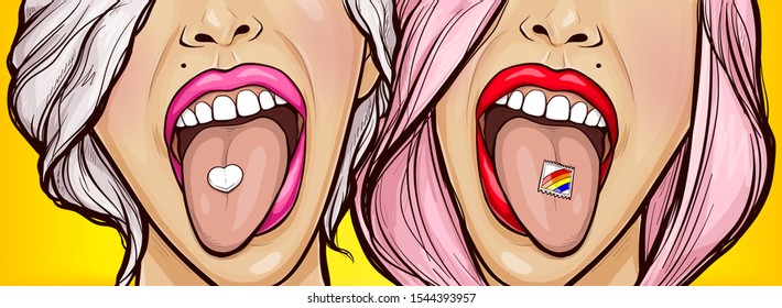 Tongue with Lsd stamp and love addiction heart pill. Woman face with open mouth demonstrate acid drug lying in oral cavity close up view. Girl eat narcotic pop art retro comic book vector illustration