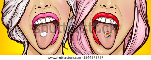 舌とlsdスタンプ 愛中毒心薬 口を開けた女性の顔は 口腔の接写の中に酸剤が入っていることを示している 女の子は麻薬のポップアートを食べる レトロな漫画のベクターイラスト のベクター画像素材 ロイヤリティフリー