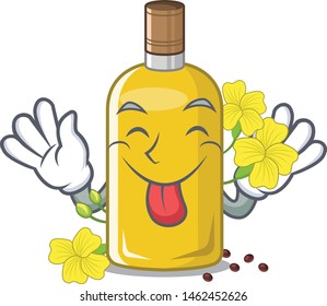 Tongue out canola oil poured into cartoon glass