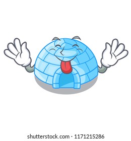 Tongue out cartoon ice house igloo on snowing day