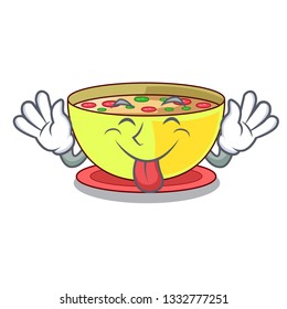 Tongue out corn chowder in a cartoon plate