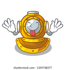 Tongue out diving helmet on a cartoon table