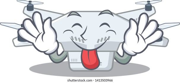 Tongue out drone on a wooden cartoon table