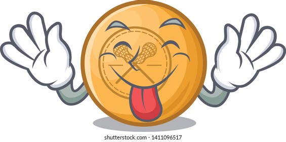 Tongue out lacrosse ball above wooden cartoon table