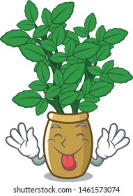 Tongue out lemon balm next the cartoon house