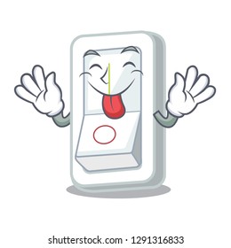 Tongue out light switch above cartoon wooden wall