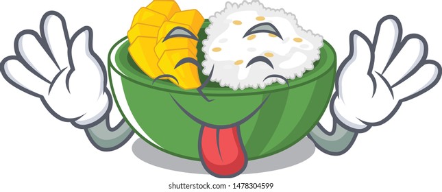 Tongue out mango sticky rice with a mascot