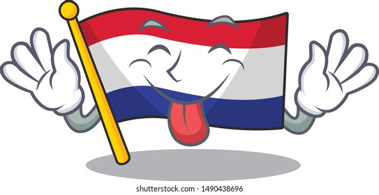 Tongue out netherlands flag above wooden cartoon table