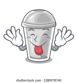 Tongue out plastic cup on a cartoon table