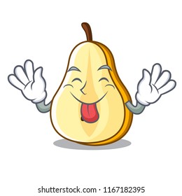 Tongue out sliced fresh juicy pear mascot cartoon