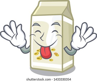 Tongue out soy milk poured in cartoon glass
