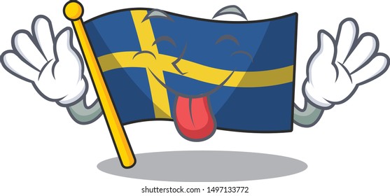 Tongue out swede flags flutter on character pole