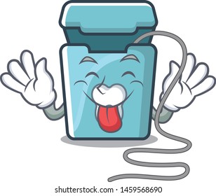 Tongue out toy dental floss in a cartoon