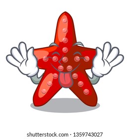 Tongue out toy red starfish cartoon above table